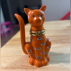 Vintage Ceramic Orange Limoges Cat Trinket Box with Hinged Head